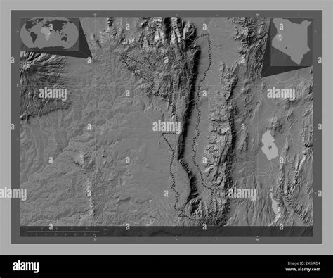 Elgeyo-Marakwet, county of Kenya. Bilevel elevation map with lakes and rivers. Corner auxiliary ...