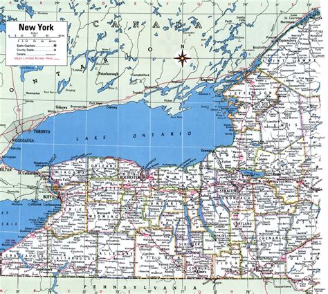 Map of New York showing county with cities,road highways,counties,towns