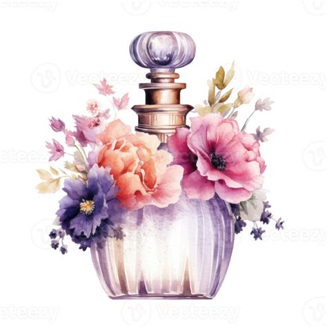 Watercolor perfume bottle with flowers. Illustration 24533443 PNG