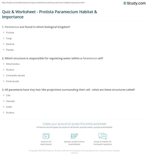 Quiz & Worksheet - Protista Paramecium Habitat & Importance | Study.com