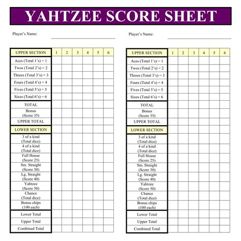 Yahtzee Score Sheet Printable