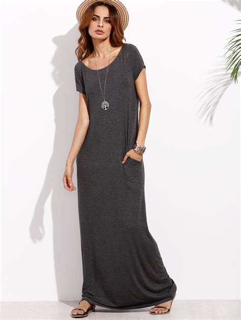 Dark Grey Pocket Short Sleeve Maxi Dress -SheIn(Sheinside) | Maxi dress, Maxi dress with sleeves ...