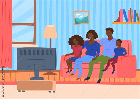 Cartoon Color Characters People Afro American Family Watching Tv ...