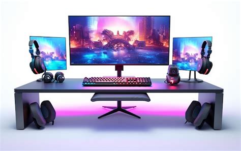 Premium AI Image | Computer Gaming Setup with Colorful LED Lights on White