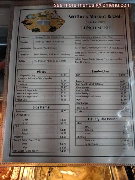 Menu at Griffin's Market & Deli, Mount Juliet