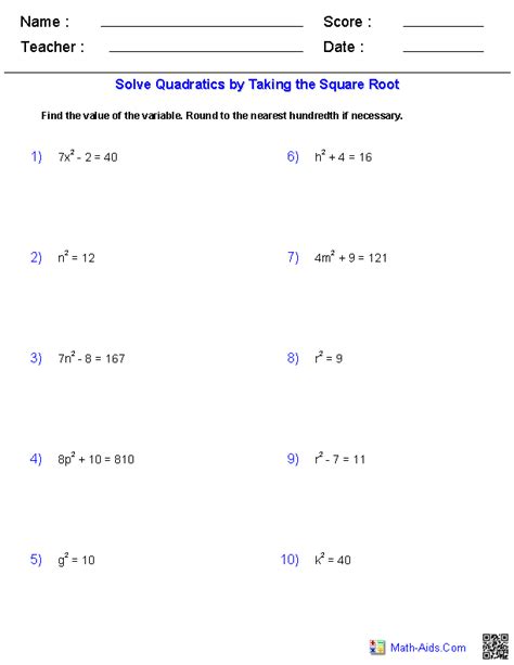 Algebra 2 Worksheets | Quadratic Functions and Inequalities Worksheets