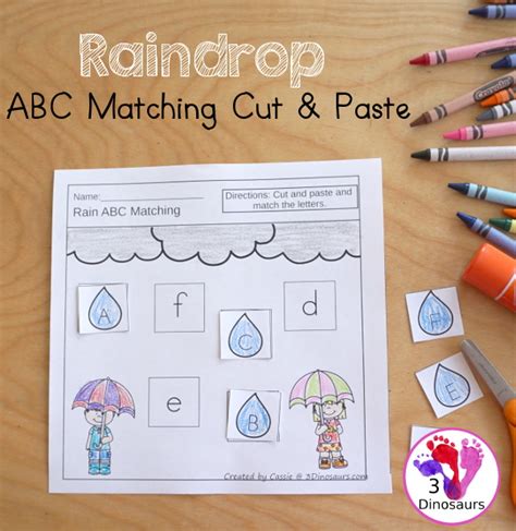 Raindrop ABC Matching Cut & Paste Worksheet | 3 Dinosaurs