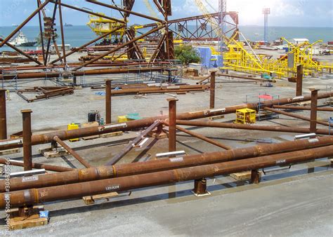 Oil rig platform during construction site in the harbor yard and ...