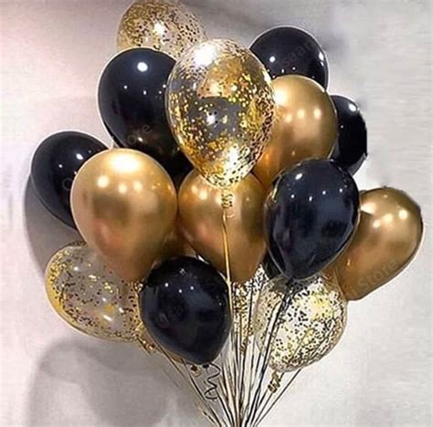 18pcs Metallic Black, Gold Confetti and Gold Balloon Bouquet – Gonzales Party Store