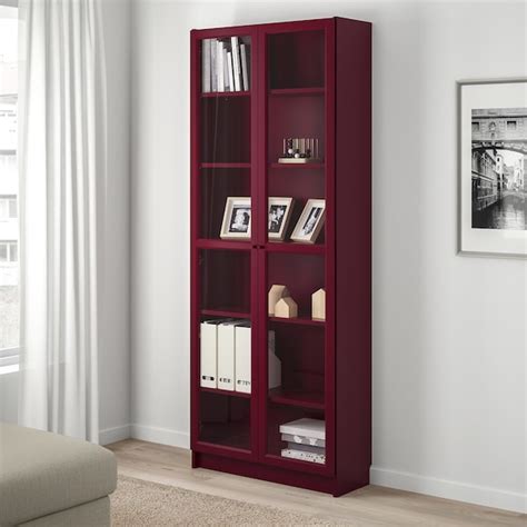 BILLY Bookcase with glass doors, dark red, 31 1/2x11 3/4x79 1/2" - IKEA