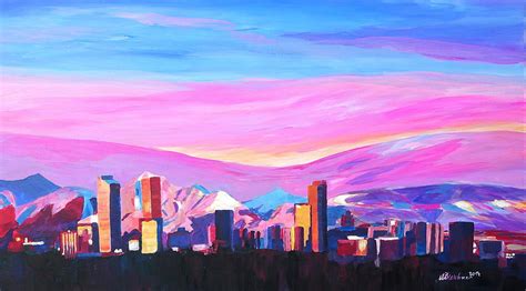 Denver Colorado Skyline With Luminous Rocky Mountains Painting by M ...