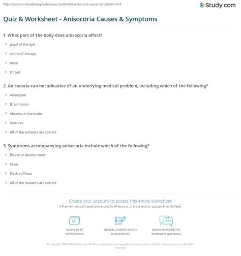 Quiz & Worksheet - Anisocoria Causes & Symptoms | Study.com