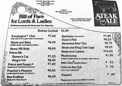 1978 menu for the Steak and Ale that was on Albemarle Rd in Charlotte ...