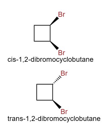 Draw both cis and trans isomers of 1,2-dibromocyclobutane. | Homework.Study.com