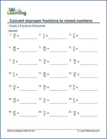 Convert improper fractions to mixed numbers worksheets | K5 Learning