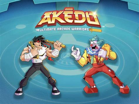 two cartoon characters in front of a blue background with the words akedu ultimate arcade warriors