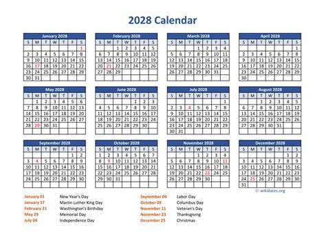 PDF Calendar 2028 with Federal Holidays | WikiDates.org