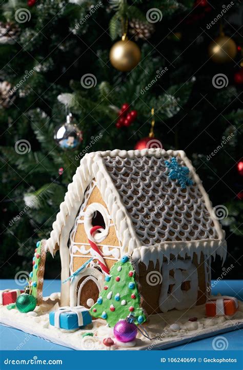 Gingerbread House with Christmas Trees Stock Image - Image of biscuit ...