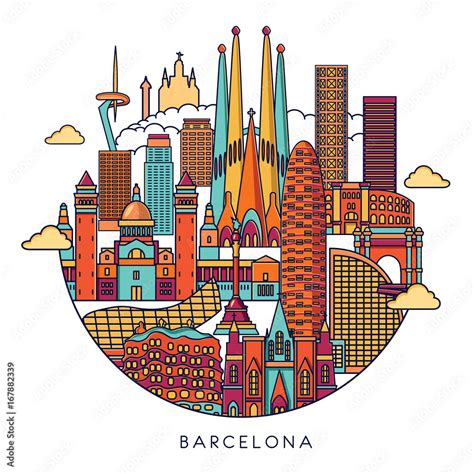 Barcelona skyline detailed silhouette. Vector line illustration Stock ...