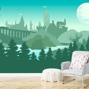 Wizard's Castle Wallpaper Nursery Removable, Mountains and Pine Tree Wall Mural for Kids Self ...