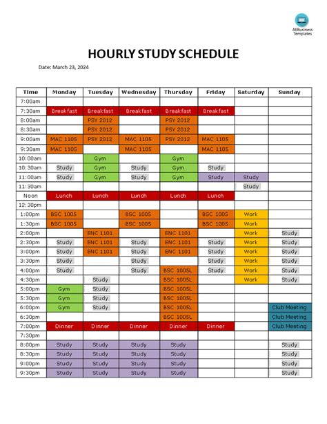 Study Timetable Template Excel