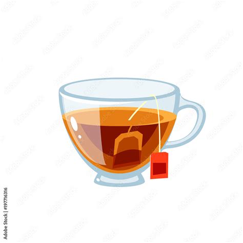 Transparent glass cup full of tea, with tea bag. Vector illustration cartoon flat icon isolated ...