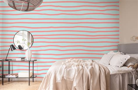 Coral and Blue Stripes Wallpaper - Buy Online | Happywall