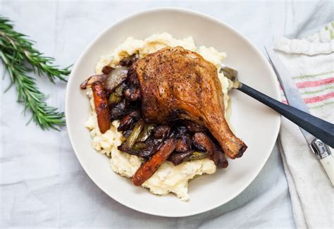 Roasted Duck Legs over Wine Braised Vegetables and Mashed Potatoes ...