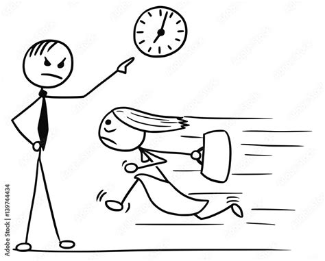 Cartoon of Woman Running Late for Work and his Boss Pointing at Wall ...