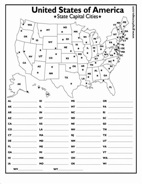 United States And Capitals Map Quiz Printable