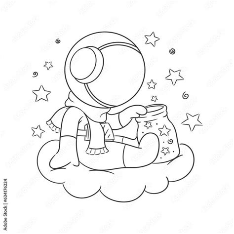 Astronauta sentado en una nube mirando el espacio exterior en un frasco para colorear Vector de ...