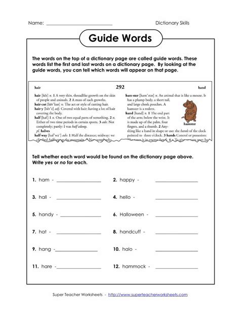 (PDF) Guide Words - SuperTeacherWorksheets KEY Guide Words The words on the top of a dictionary ...