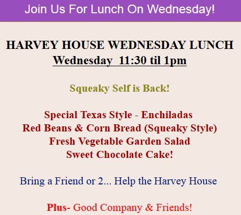 Harvey House Weds Menu - Bring A First Time Guest! - MySlaton.com