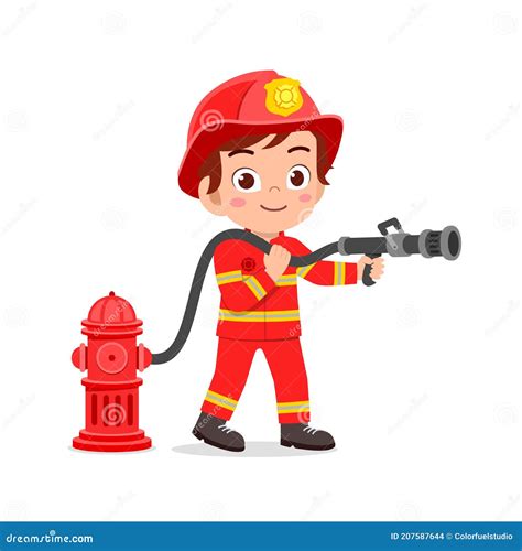 Happy Cute Little Kid Wearing Firefighter Uniform and Holding Hose Stock Vector - Illustration ...