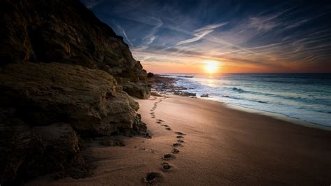 Wallpaper : sunlight, landscape, sunset, sea, bay, rock, nature, shore, sand, reflection, clouds ...