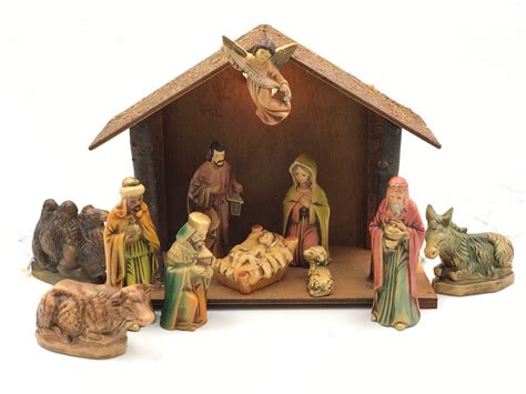 Vintage Nativity set with Wooden Crèche, Hand painted Figurines made in Japan Christmas Nativity ...