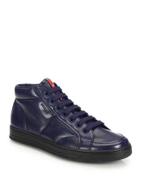 Lyst - Prada Mid-top Leather Sneakers in Blue for Men