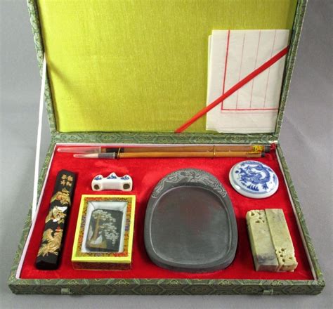 vintage Chinese Calligraphy Set New & Complete in Silk Hinged Box ...