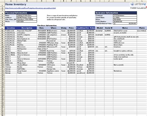 Insurance Itemized List Of Household Items ~ MS Excel Templates