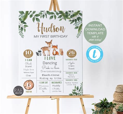 Woodland First Birthday Milestone Poster • Editable Template • 1st Birthday Party Sign ...