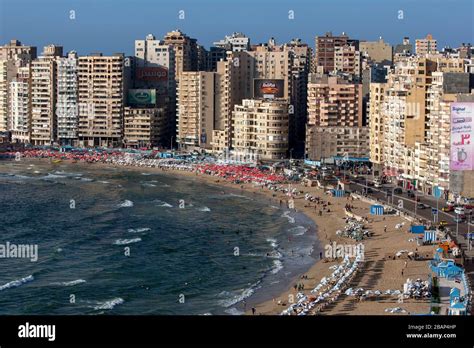 High rise buildings sit adjacent to the Mediterranean Sea beaches of Alexandria in northern ...