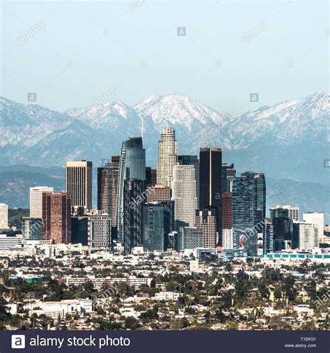 Los Angeles, CA - 03/16/2019: Downtown of Los Angeles against snow ...