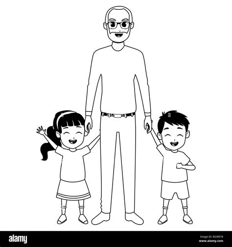 grandchildren and grandfather of hand in black and white Stock Vector ...