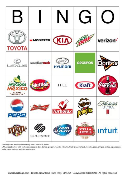 2018 Superbowl Commercial Logos Bingo Cards to Download, Print and ...