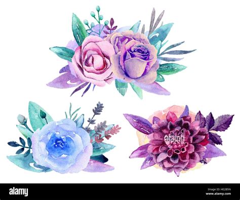 Purple floral bouquet vector clip art. Blue watercolor flowers ...