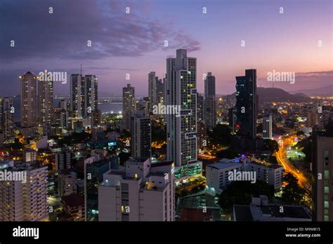 Panama City skyline at night - Modern skyscrapers with sunset sky Stock ...