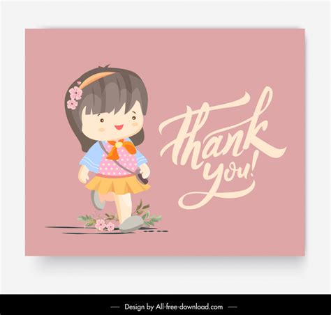 Thank you card template cute cartoon girl Vectors images graphic art designs in editable .ai ...