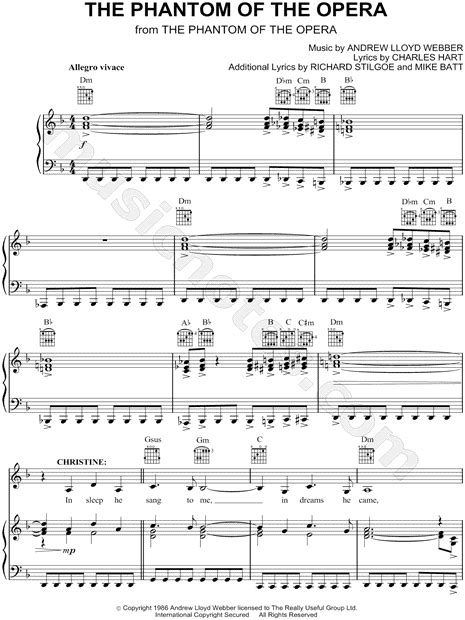 Andrew Lloyd Webber "The Phantom of the Opera" Sheet Music in D Minor (transposable) - Download ...