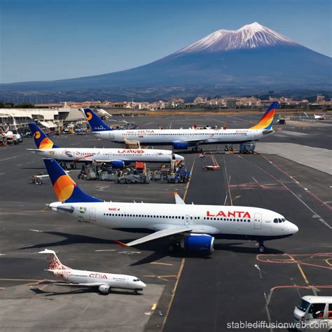 Airport landside with departing planes and Mount Etna backdrop | Stable Diffusion Online