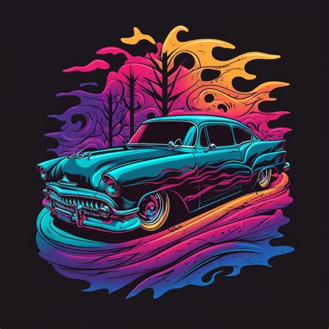 Premium Photo | A colorful illustration of a car with flames on the front.